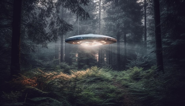A surreal glowing spaceship levitates over an old spooky forest generated by AI