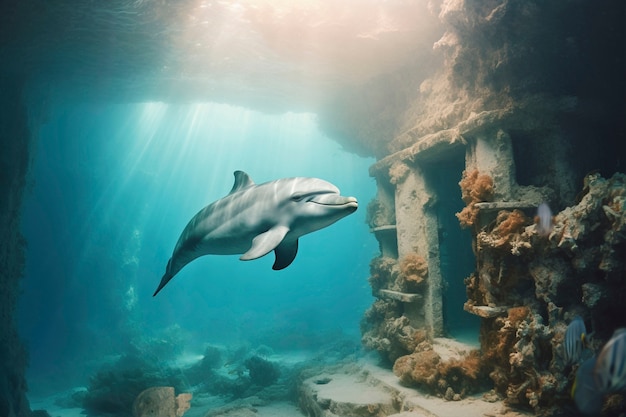 Free photo surreal rendering of dolphin among ruins