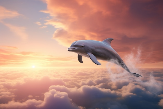 Free photo surreal rendering of dolphin over clouds