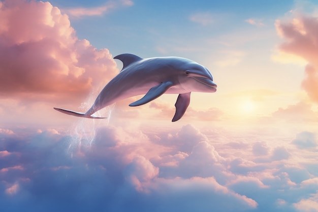 Free photo surreal rendering of dolphin over clouds