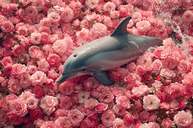 꽃들 사이에서 돌고래의 초현실적인 표현.