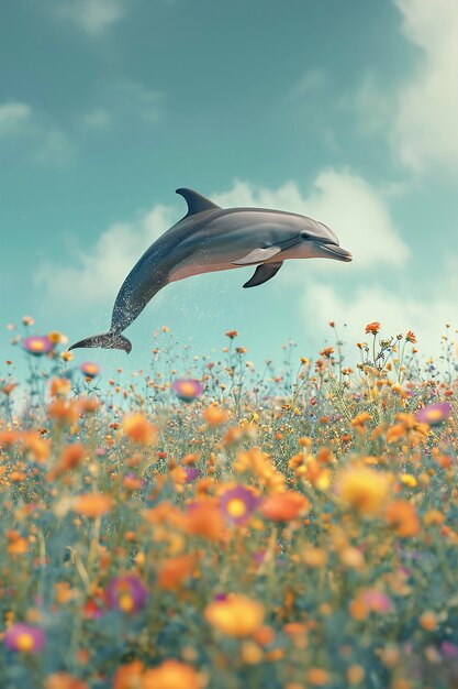 Сюрреалистичное изображение дельфина среди цветов.