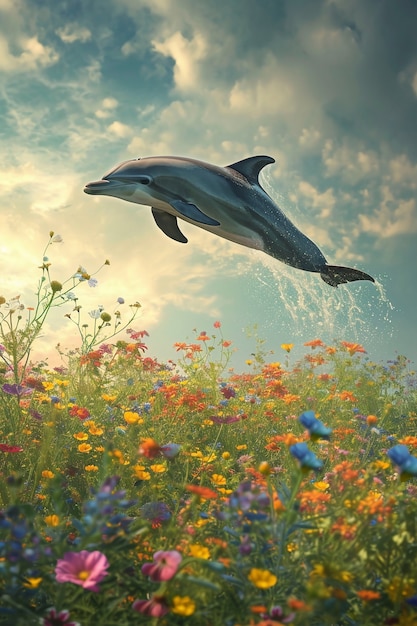 Surreal rendering of dolphin among flowers