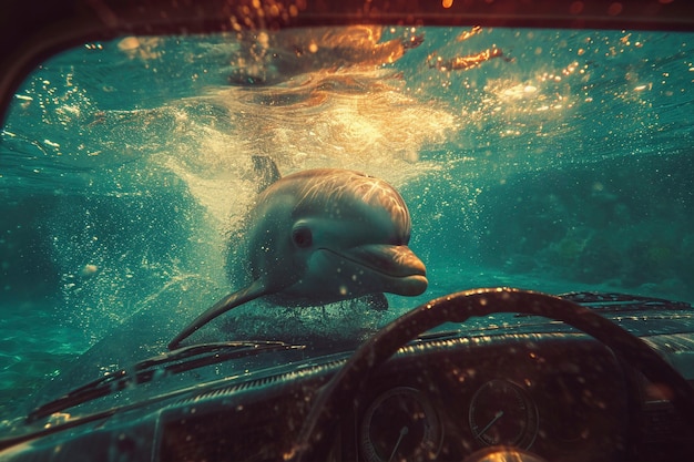 Surreal rendering of dolphins in water