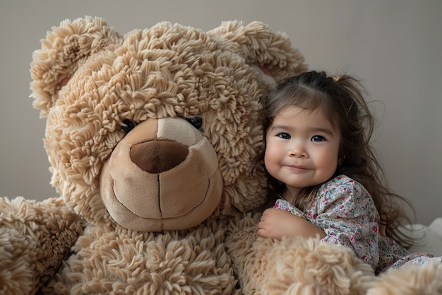 Surreal rendering of kid bounding with giant stuffed toy