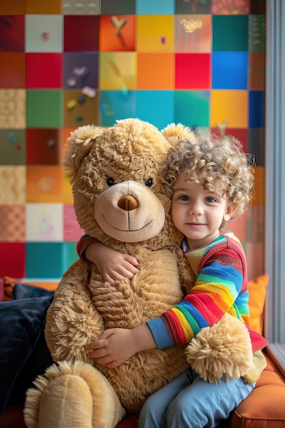 Foto gratuita rendering surreale di un bambino che salta con un giocattolo di peluche gigante