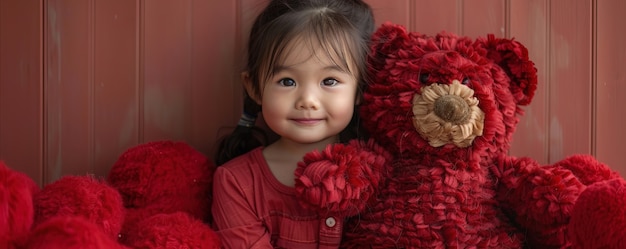 Surreal rendering of kid bounding with giant stuffed toy