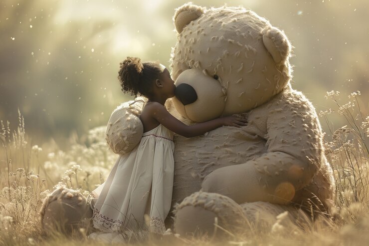 Free Photo surreal rendering of kid bounding with giant stuffed toy