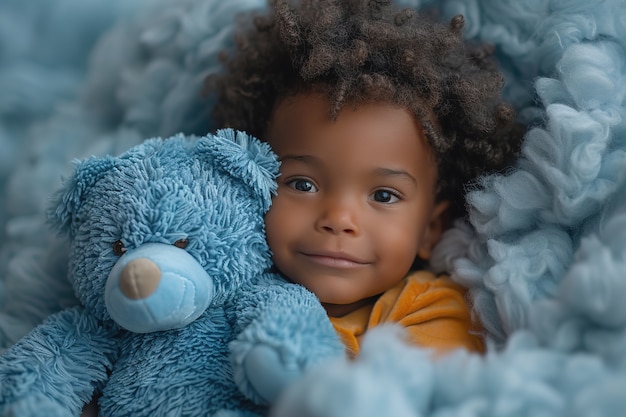 Surreal rendering of kid bounding with giant stuffed toy