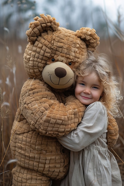 Free photo surreal rendering of kid bounding with giant stuffed toy