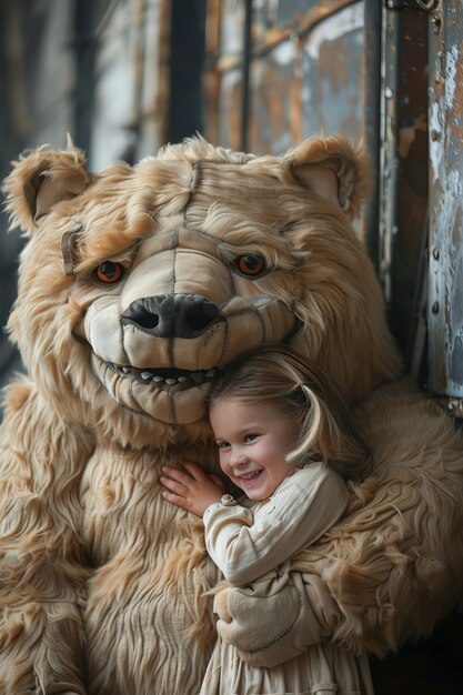 Surreal rendering of kid bounding with giant stuffed toy