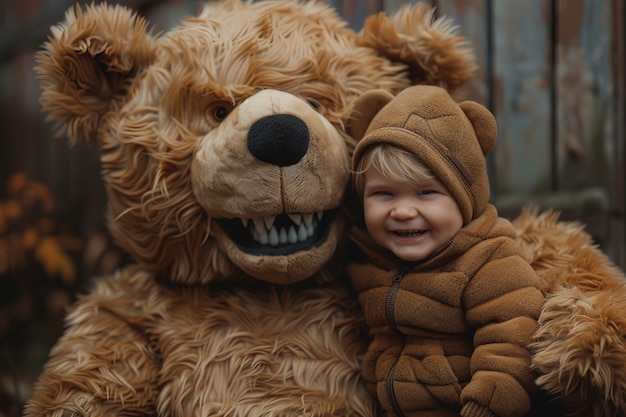 Rendering surreale di un bambino che salta con un giocattolo di peluche gigante