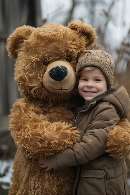 Rendering surreale di un bambino che salta con un giocattolo di peluche gigante