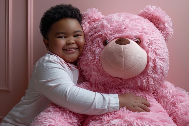 Surreal rendering of kid bounding with giant stuffed toy