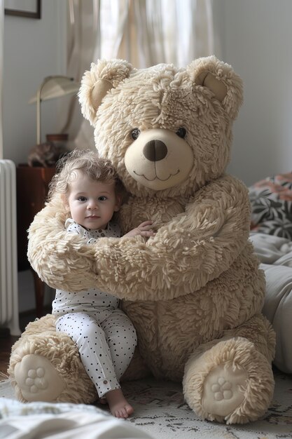 Surreal rendering of kid bounding with giant stuffed toy