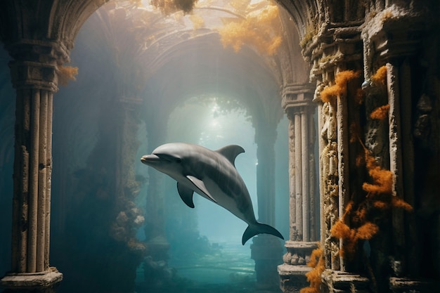 無料写真 廃墟の中のイルカの超現実的な表現