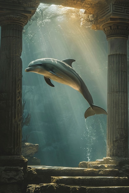 Бесплатное фото Сюрреалистичное изображение дельфина среди руин.