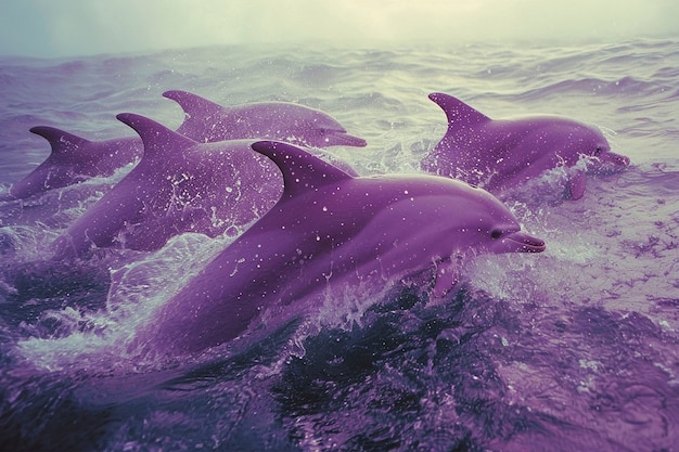 Surreal rendering of purple dolphins