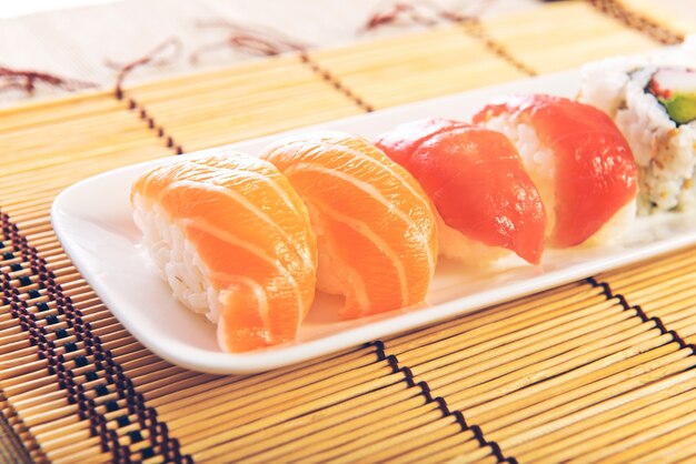 Sushi food over wooden background