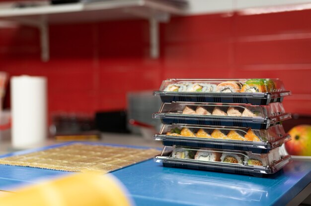 Sushi order arrangement in a restaurant kitchen