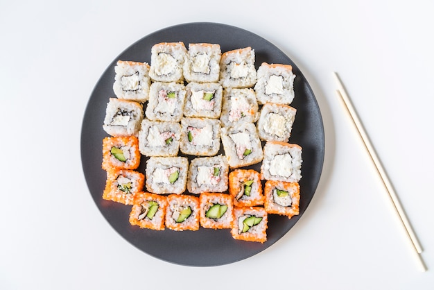 Sushi plate with chopsticks topview