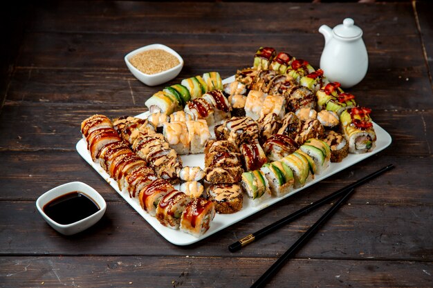 Free photo sushi plate with various filling