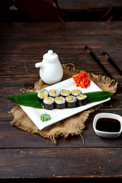 Sushi roll set served on leave