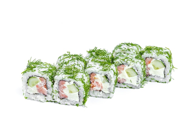 Sushi roll with fresh ingredients isolated on white background