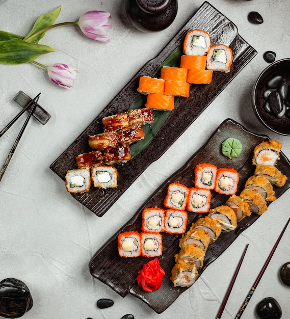 Sushi set on the table top view