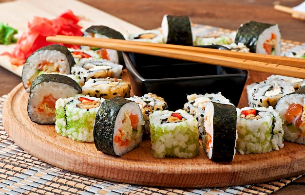 Sushi set on wooden board