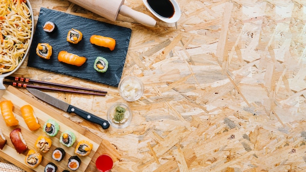 Free photo sushi set on wooden tabletop