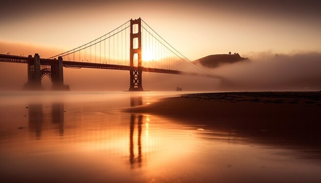 Suspension bridge reflects tranquil sunset over water generated by AI