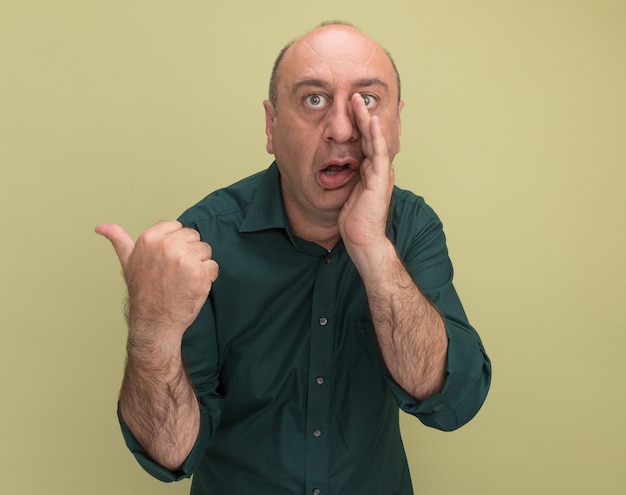 Suspicious middle-aged man wearing green t-shirt whispers points at side isolated on olive green wall with copy space