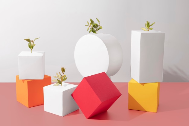 Free photo sustainability concept with geometric forms and growing plant