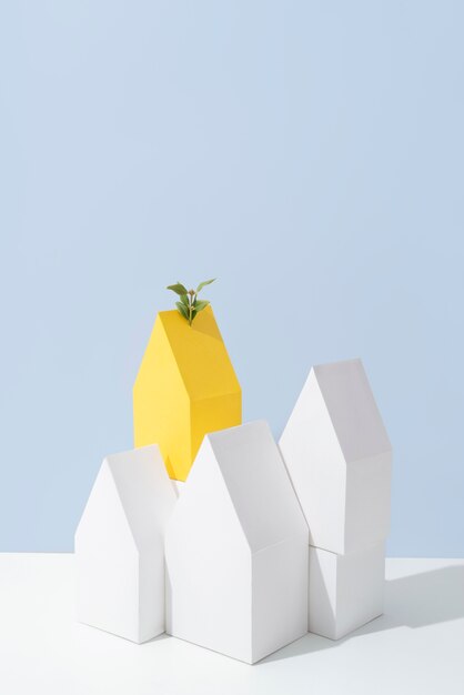 幾何学的な形と成長する植物による持続可能性のコンセプト