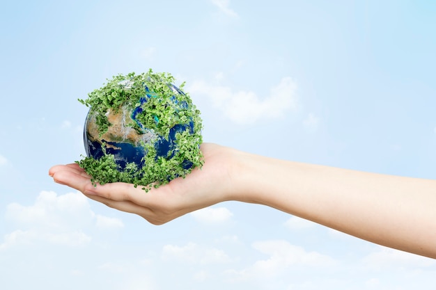 Sustainable living environmentalist hand holding green earth