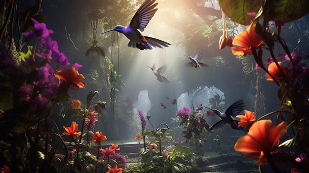 Рой колибри, питающийся нектаром экзотических цветов в уединенном оазисе джунглей
