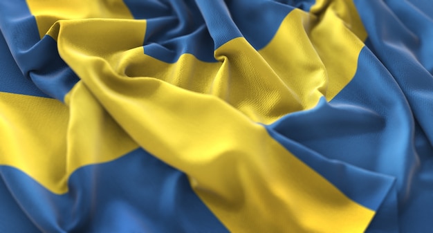 スウェーデンの旗が華麗に揺れるマクロ接写