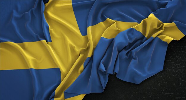 어두운 배경에 주름이 스웨덴 국기 3D 렌더링