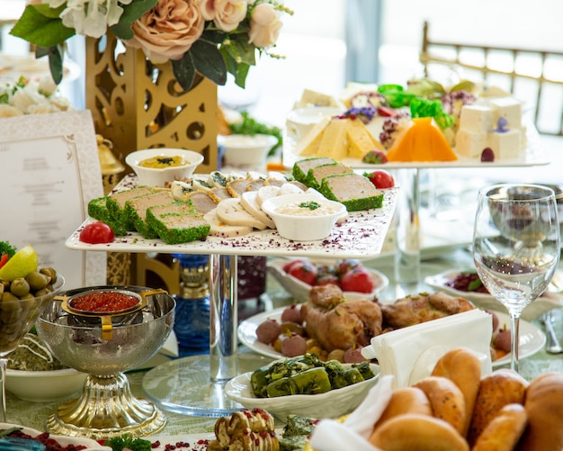 Swedish buffet with various side dishes and fruits