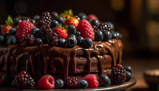 Sweet berry cheesecake indulgence on wooden table generated by AI