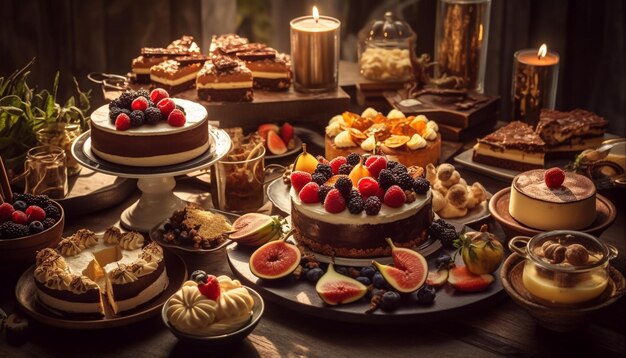 AIが生成したチョコレートデコレーションとラズベリーのスイートベリーチーズケーキ