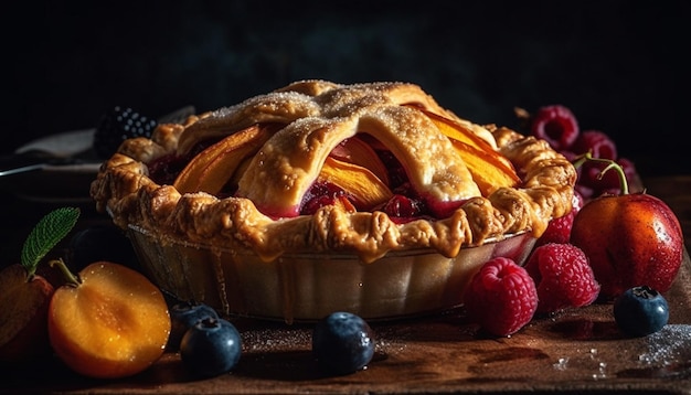 Free photo sweet berry pie baked on rustic wood table generated by ai
