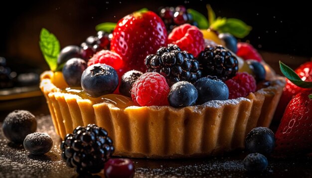 Sweet berry tart on rustic wooden table generated by AI