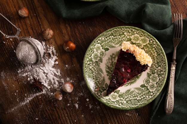 Sweet cake with chestnuts top view