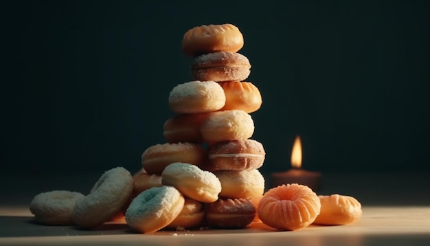 Sweet candlelight indulgence chocolate cookie stack decoration generated by AI