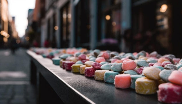 Free photo a sweet candy stack on a city street generated by artificial intelligence