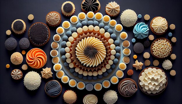 Sweet collection of decorative desserts with chocolate patterns generated by AI