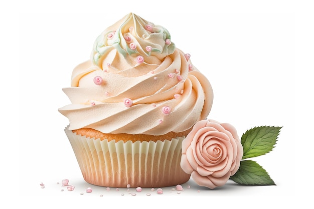白い背景で隔離のバラで飾られた甘いカップケーキ Ai ジェネレーティブ