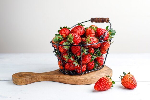 Sweet delicious strawberries in basket,top view